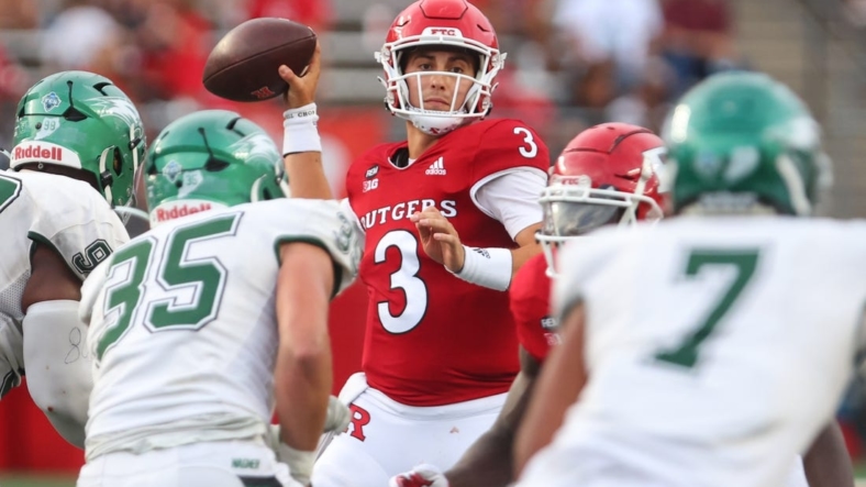 Sep 10, 2022; Piscataway, New Jersey, USA; Rutgers Scarlet Knights quarterback Evan Simon (3) throws a pass against the Wagner Seahawks during the second half at SHI Stadium. Mandatory Credit: Ed Mulholland-USA TODAY Sports