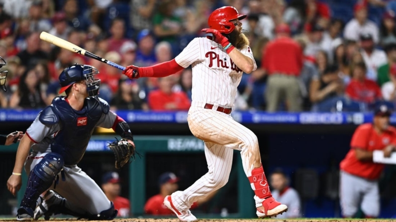 Sep 10, 2022; Philadelphia, Pennsylvania, USA; Philadelphia Phillies outfielder Brandon Marsh (16) hits a home run against the Washington Nationals in the sixth inning at Citizens Bank Park. Mandatory Credit: Kyle Ross-USA TODAY Sports