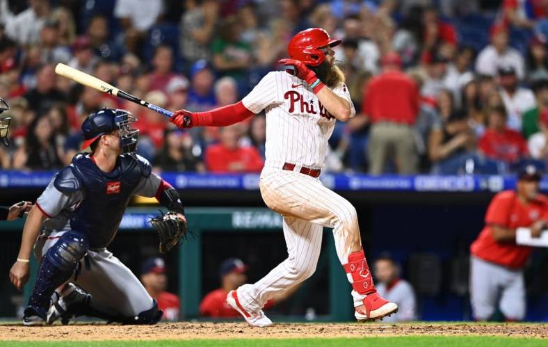Sep 10, 2022; Philadelphia, Pennsylvania, USA; Philadelphia Phillies outfielder Brandon Marsh (16) hits a home run against the Washington Nationals in the sixth inning at Citizens Bank Park. Mandatory Credit: Kyle Ross-USA TODAY Sports