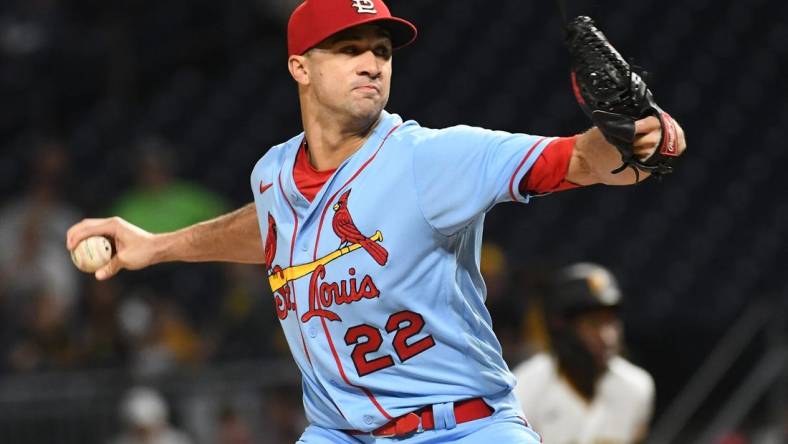 Sep 10, 2022; Pittsburgh, Pennsylvania, USA;  St. Louis Cardinals starting pitcher Jack Flaherty (22) delivers the ball to the Pittsburgh Pirates in the first inning at PNC Park. Mandatory Credit: Philip G. Pavely-USA TODAY Sports