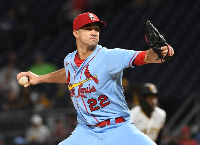 Sep 10, 2022; Pittsburgh, Pennsylvania, USA;  St. Louis Cardinals starting pitcher Jack Flaherty (22) delivers the ball to the Pittsburgh Pirates in the first inning at PNC Park. Mandatory Credit: Philip G. Pavely-USA TODAY Sports