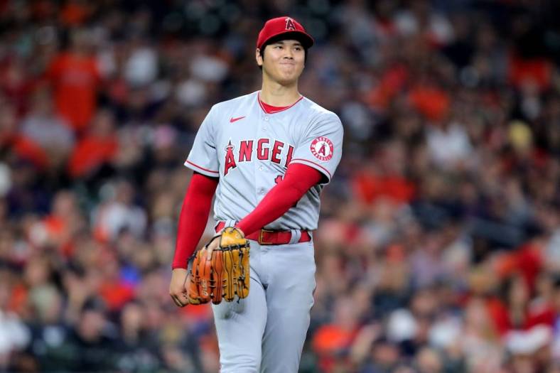 Sep 10, 2022; Houston, Texas, USA; Los Angeles Angels starting pitcher Shohei Ohtani (17) reacts after a pitch against the Houston Astros during the fifth inning at Minute Maid Park. Mandatory Credit: Erik Williams-USA TODAY Sports