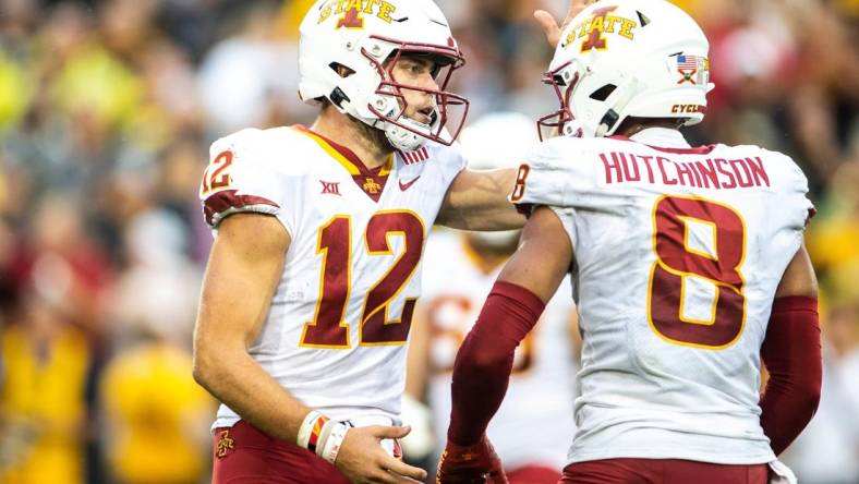 Iowa State quarterback Hunter Dekkers, left, celebrates with wide receiver Xavier Hutchinson during a NCAA football game against Iowa, Saturday, Sept. 10, 2022, at Kinnick Stadium in Iowa City, Iowa.

220910 Isu Iowa Fb 062 Jpg