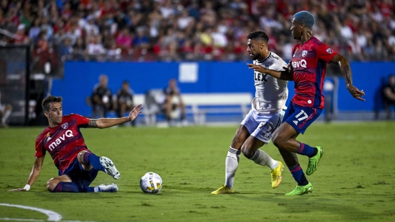 Sep 10, 2022; Frisco, Texas, USA; FC Dallas defender Jose Antonio Martinez (3) defends against Los Angeles FC forward Denis Bouango (99) during the first half at Toyota Stadium. Mandatory Credit: Jerome Miron-USA TODAY Sports