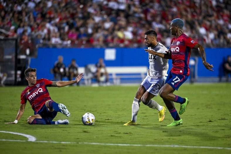 Sep 10, 2022; Frisco, Texas, USA; FC Dallas defender Jose Antonio Martinez (3) defends against Los Angeles FC forward Denis Bouango (99) during the first half at Toyota Stadium. Mandatory Credit: Jerome Miron-USA TODAY Sports