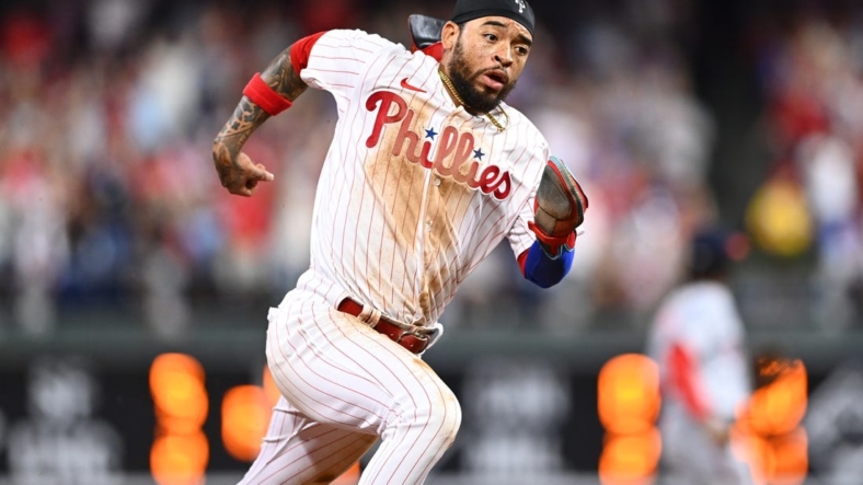 Sep 10, 2022; Philadelphia, Pennsylvania, USA; Philadelphia Phillies infielder Edmundo Sosa (33) rounds third to advance home and score against the Washington Nationals in the fourth inning at Citizens Bank Park. Mandatory Credit: Kyle Ross-USA TODAY Sports