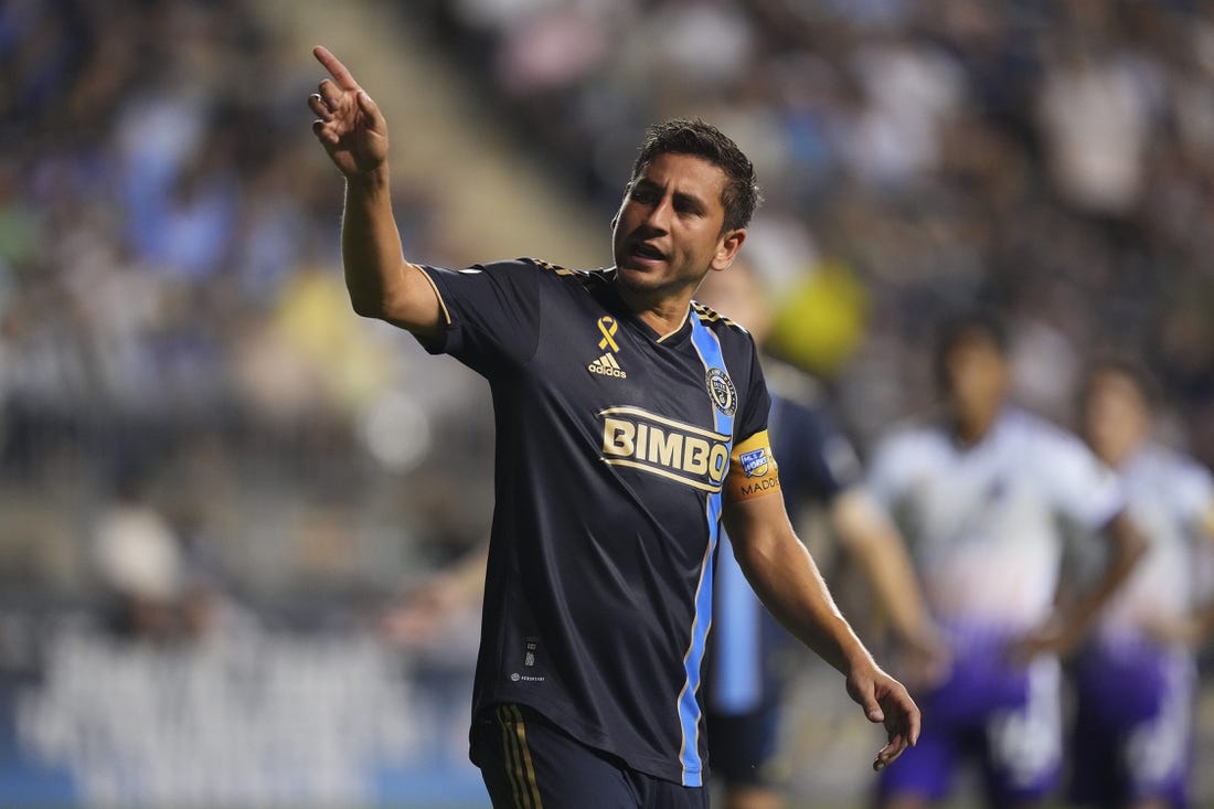 Sep 10, 2022; Chester, Pennsylvania, USA; Philadelphia Union midfielder Alejandro Bedoya (11) reacts against Orlando City in the second half at Subaru Park. Mandatory Credit: Mitchell Leff-USA TODAY Sports