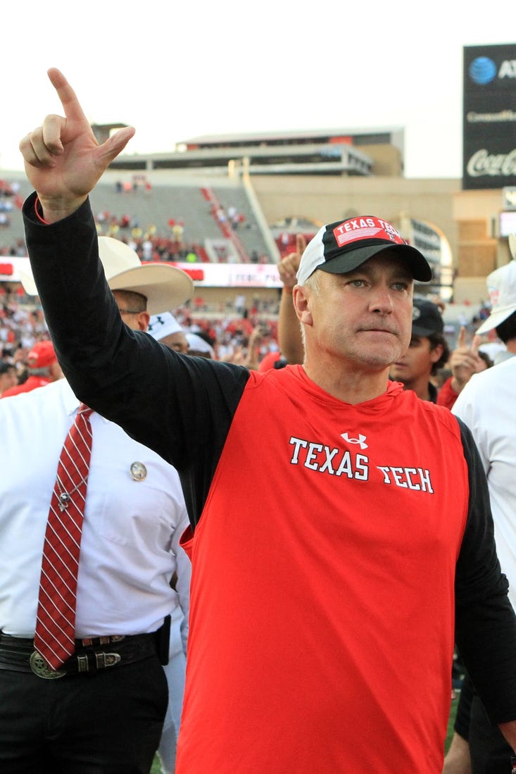 Sep 10, 2022; Lubbock, Texas, USA;  Texas Tech Red Raiders head coach Joey McGuire on the field after the double overtime win against the Houston Cougars at Jones AT&T Stadium and Cody Campbell Field. Mandatory Credit: Michael C. Johnson-USA TODAY Sports