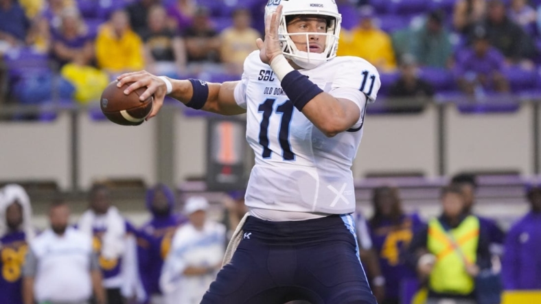 Sep 10, 2022; Greenville, North Carolina, USA;  Old Dominion Monarchs quarterback Hayden Wolff (11) throws the ball against the East Carolina Pirates during the first half at Dowdy-Ficklen Stadium. Mandatory Credit: James Guillory-USA TODAY Sports