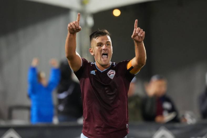 Sep 10, 2022; Commerce City, Colorado, USA; Colorado Rapids forward Diego Rubio (11) celebrates his penalty kick goal in the first half against the Vancouver Whitecaps FC at Dick's Sporting Goods Park. Mandatory Credit: Ron Chenoy-USA TODAY Sports