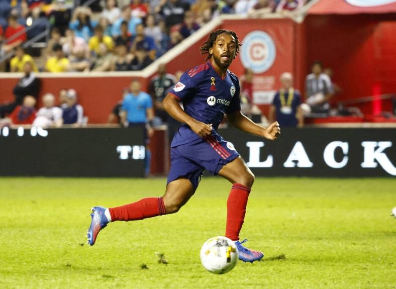 Sep 10, 2022; Chicago, Illinois, USA; Chicago Fire defender Andre Reynolds II (36) makes a pass against Inter Miami during the second half at Bridgeview Stadium. Mandatory Credit: Mike Dinovo-USA TODAY Sports