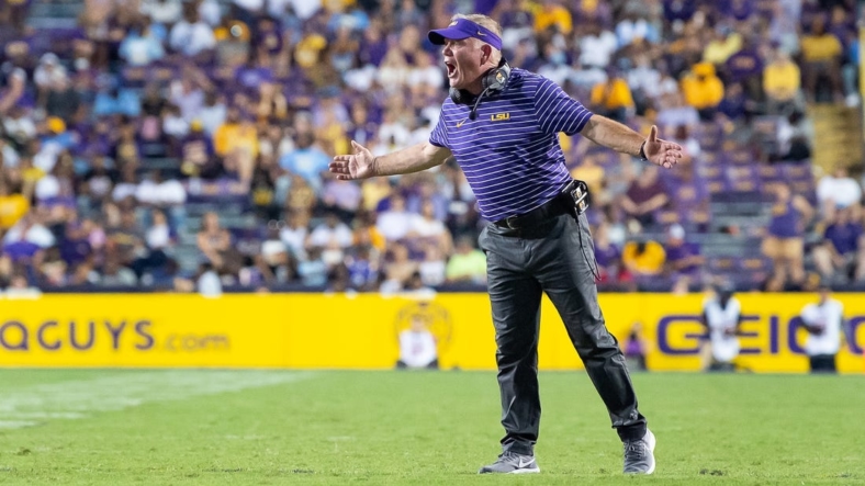 Sep 10, 2022; Baton Rouge, Louisiana, USA;  LSU Tigers head coach Brian Kelly reacts during the second half against the Southern Jaguars at Tiger Stadium. Mandatory Credit: Scott Clause-USA TODAY Sports