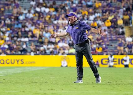 Sep 10, 2022; Baton Rouge, Louisiana, USA;  LSU Tigers head coach Brian Kelly reacts during the second half against the Southern Jaguars at Tiger Stadium. Mandatory Credit: Scott Clause-USA TODAY Sports