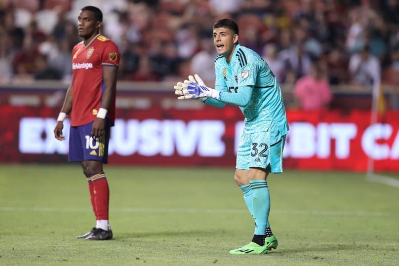 Sep 10, 2022; Sandy, Utah, USA; D.C. United goalkeeper David Ochoa (32) reacts to a plan in the second half against the Real Salt Lake at America First Field. Mandatory Credit: Rob Gray-USA TODAY Sports