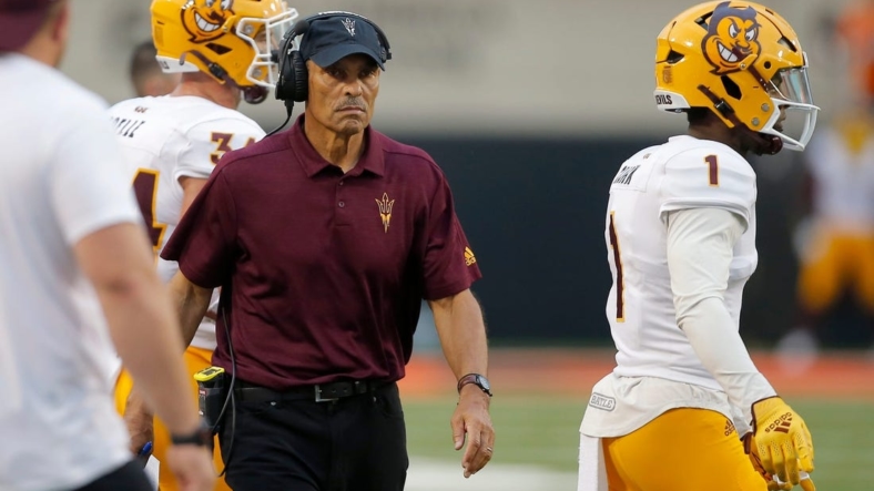 Arizona State coach Herm Edwards during a college football game between the Oklahoma State Cowboys (OSU) and the Arizona State Sun Devils at Boone Pickens Stadium in Stillwater, Okla., Saturday, Sept. 10, 2022. Oklahoma State won 34-17Osu Vs Asu