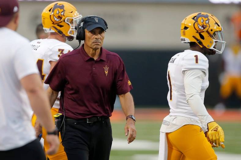 Arizona State coach Herm Edwards during a college football game between the Oklahoma State Cowboys (OSU) and the Arizona State Sun Devils at Boone Pickens Stadium in Stillwater, Okla., Saturday, Sept. 10, 2022. Oklahoma State won 34-17

Osu Vs Asu