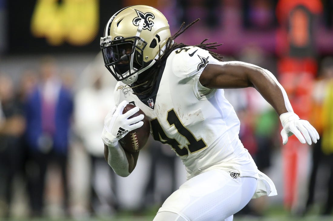 Sep 11, 2022; Atlanta, Georgia, USA; New Orleans Saints running back Alvin Kamara (41) runs the ball against the Atlanta Falcons in the first quarter at Mercedes-Benz Stadium. Mandatory Credit: Brett Davis-USA TODAY Sports