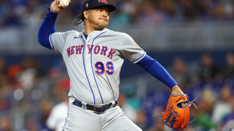 Sep 11, 2022; Miami, Florida, USA;  New York Mets starting pitcher Taijuan Walker (99) throws a pitch against the Miami Marlins in the first inning at loanDepot Park. Mandatory Credit: Nathan Ray Seebeck-USA TODAY Sports