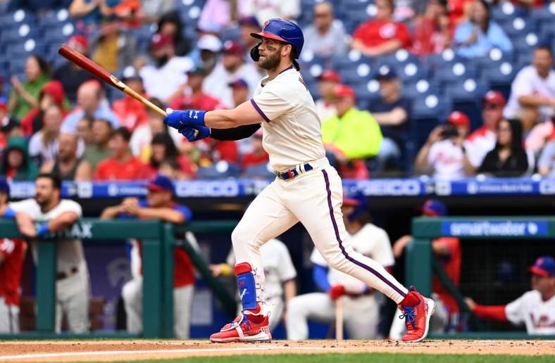 Sep 11, 2022; Philadelphia, Pennsylvania, USA; Philadelphia Phillies outfielder Bryce Harper (3) hits an RBI double against the Washington Nationals in the first inning at Citizens Bank Park. Mandatory Credit: Kyle Ross-USA TODAY Sports