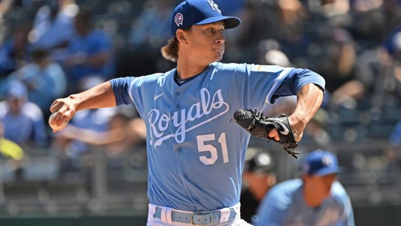 Sep 11, 2022; Kansas City, Missouri, USA;  Kansas City Royals starting pitcher Brady Singer (51) delivers a pitch during the first inning against the Detroit Tigers at Kauffman Stadium. Mandatory Credit: Peter Aiken-USA TODAY Sports