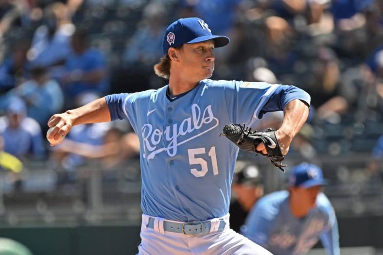Sep 11, 2022; Kansas City, Missouri, USA;  Kansas City Royals starting pitcher Brady Singer (51) delivers a pitch during the first inning against the Detroit Tigers at Kauffman Stadium. Mandatory Credit: Peter Aiken-USA TODAY Sports
