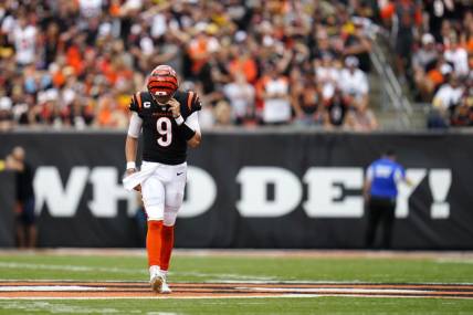 Sep 11, 2022; Cincinnati, Ohio, USA; Cincinnati Bengals quarterback Joe Burrow (9) walks between plays during the fourth quarter of a Week 1 NFL football game against the Pittsburgh Steelers at Paycor Stadium. Mandatory Credit: Sam Greene-USA TODAY Sports