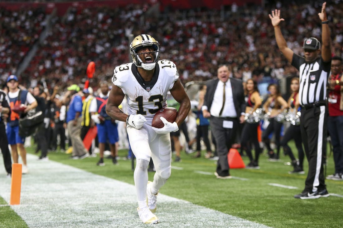 Sep 11, 2022; Atlanta, Georgia, USA; New Orleans Saints wide receiver Michael Thomas (13) celebrates after a touchdown against the Atlanta Falcons in the fourth quarter at Mercedes-Benz Stadium. Mandatory Credit: Brett Davis-USA TODAY Sports