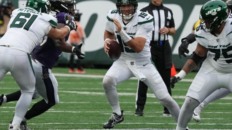 Quarterback, Joe Flacco of the Jets  in the second half in the season opener as the Baltimore Ravens defeated the NY Jets 24-9 on September 11, 2022.The Baltimore Ravens Defeat The Ny Jets In The Seaqson Opener 24 9 On September 11 2022
