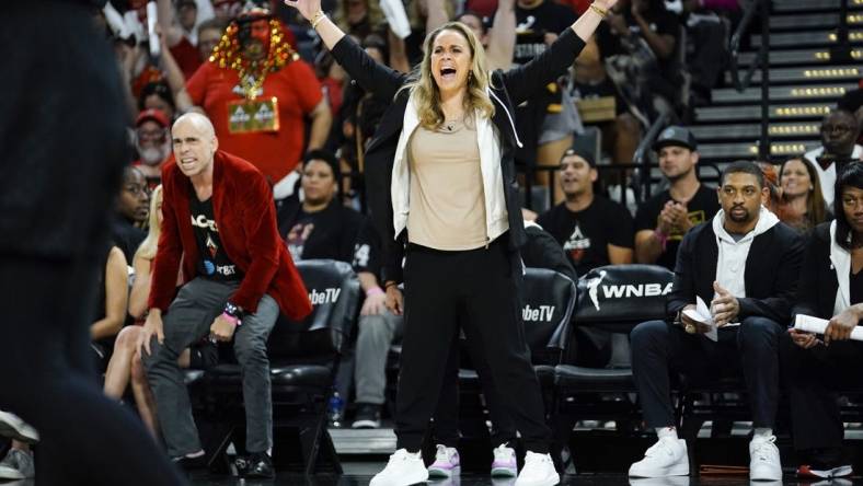 Las Vegas Aces head coach Becky Hammon yells from the sideline during the fourth quarter against the Connecticut Sun in game one of the 2022 WNBA Finals at Michelob Ultra Arena. Mandatory Credit: Lucas Peltier-USA TODAY Sports
