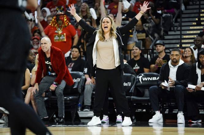 Las Vegas Aces head coach Becky Hammon yells from the sideline during the fourth quarter against the Connecticut Sun in game one of the 2022 WNBA Finals at Michelob Ultra Arena. Mandatory Credit: Lucas Peltier-USA TODAY Sports