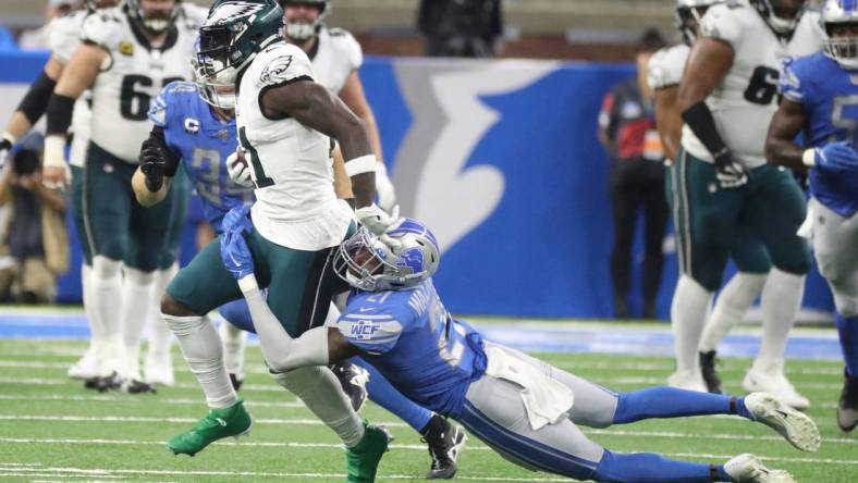 Detroit Lions safety Tracy Walker III (21) tackles Philadelphia Eagles receiver A.J. Brown during the first half at Ford Field, Sept. 11, 2022.

Nfl Philadelphia Eagles At Detroit Lions