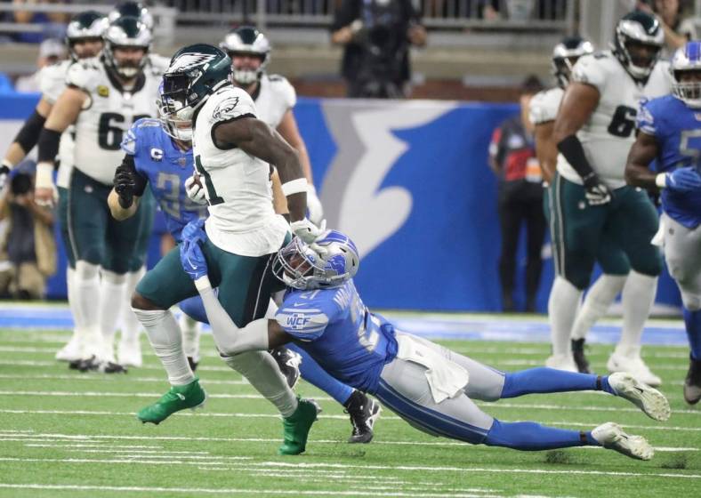 Detroit Lions safety Tracy Walker III (21) tackles Philadelphia Eagles receiver A.J. Brown during the first half at Ford Field, Sept. 11, 2022.

Nfl Philadelphia Eagles At Detroit Lions