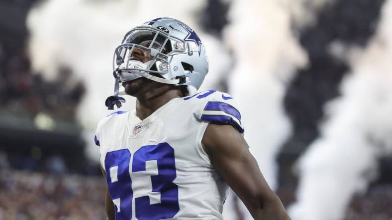 Sep 11, 2022; Arlington, Texas, USA;  Dallas Cowboys defensive end Tarell Basham (93) reacts against the Tampa Bay Buccaneers at AT&T Stadium. Mandatory Credit: Kevin Jairaj-USA TODAY Sports