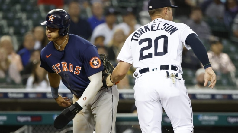 Sep 12, 2022; Detroit, Michigan, USA;  Detroit Tigers first baseman Spencer Torkelson (20) tags Houston Astros shortstop Jeremy Pena (3) out in the fifth inning at Comerica Park. Mandatory Credit: Rick Osentoski-USA TODAY Sports