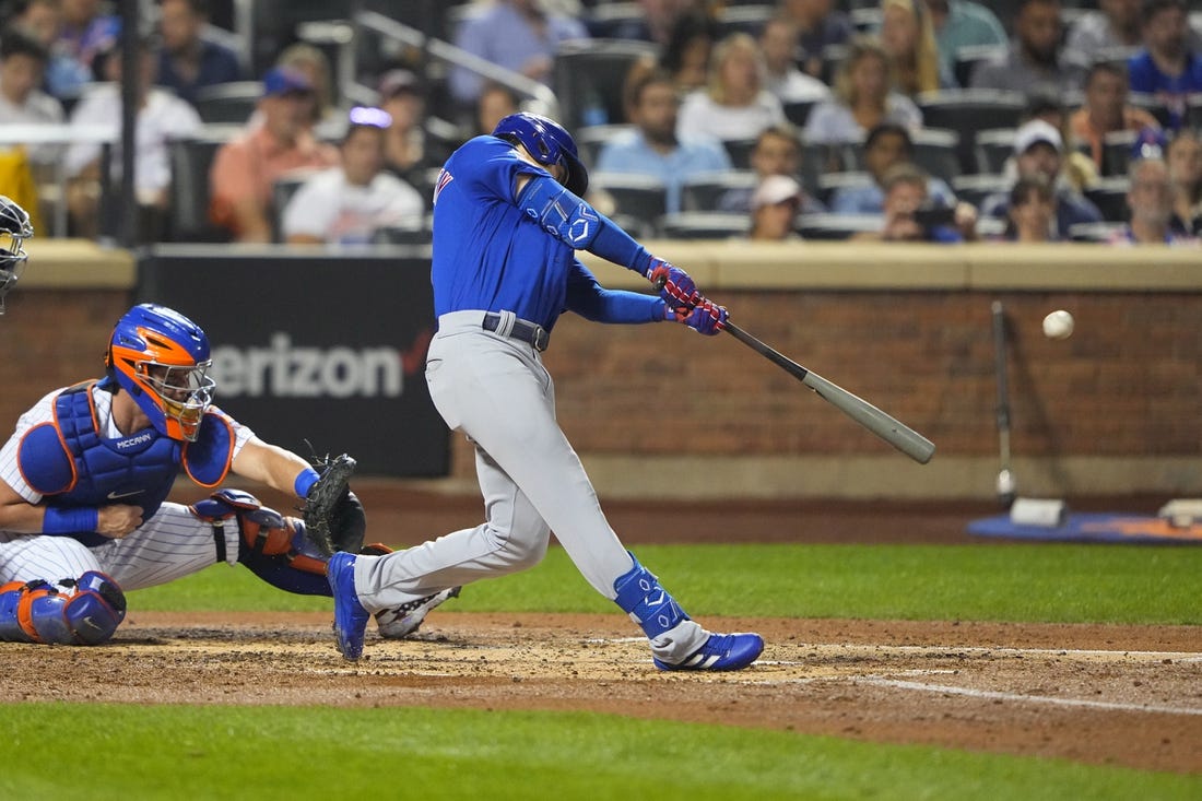 Sep 12, 2022; New York City, New York, USA; Chicago Cubs second baseman Zach McKinstry (6) hits a two run home run against the New York Mets during the third inning at Citi Field. Mandatory Credit: Gregory Fisher-USA TODAY Sports