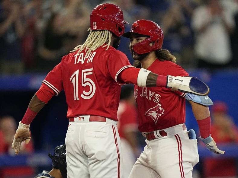 Sep 12, 2022; Toronto, Ontario, CAN; Toronto Blue Jays shortstop Bo Bichette (11) celebrates his two run home run with left fielder Raimel Tapia (15) against the Tampa Bay Rays during the eighth inning at Rogers Centre. Mandatory Credit: John E. Sokolowski-USA TODAY Sports