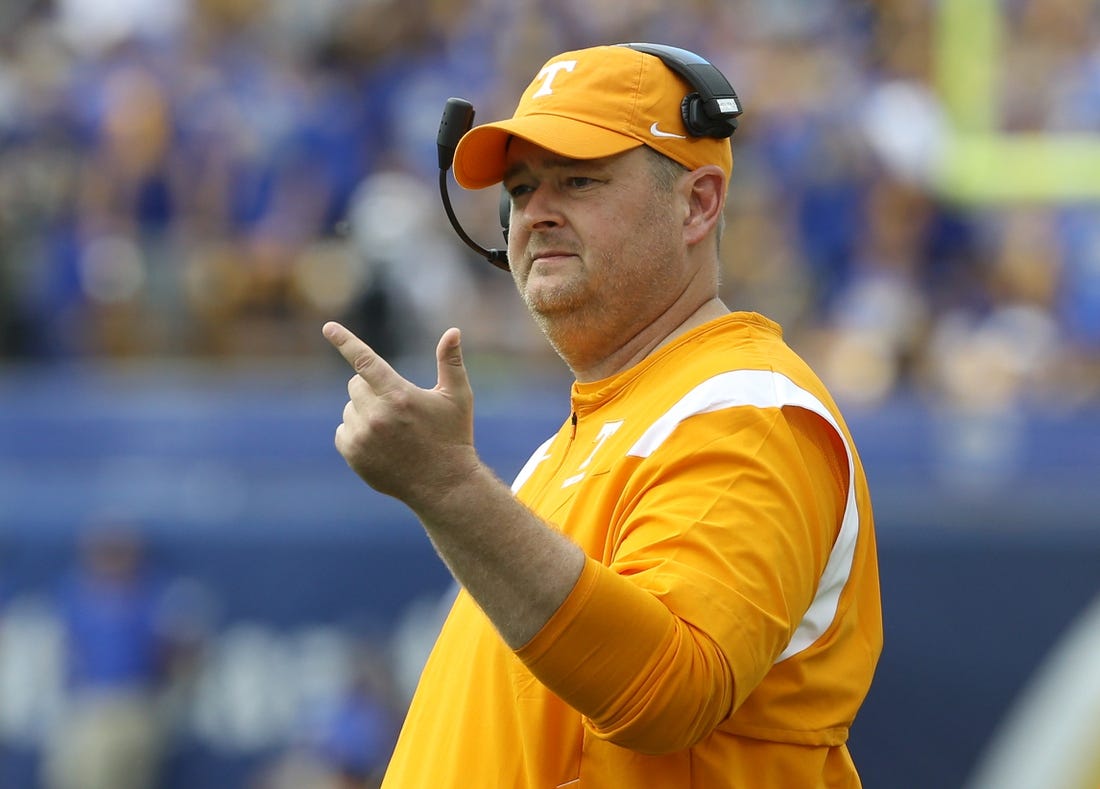 Sep 10, 2022; Pittsburgh, Pennsylvania, USA;  Tennessee Volunteers head coach Josh Heupel gestures on the sidelines against the Pittsburgh Panthers during the second quarter at Acrisure Stadium. Mandatory Credit: Charles LeClaire-USA TODAY Sports