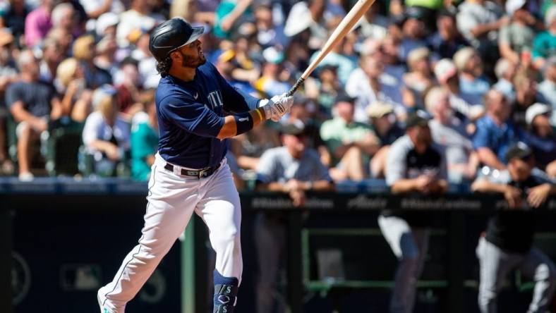 Sep 7, 2022; Seattle, Washington, USA;  Seattle Mariners third baseman Eugenio Suarez (28) looks on after hitting a two-run home run for his 1000th hit against the Chicago White Sox during the third inning at T-Mobile Park. Mandatory Credit: Lindsey Wasson-USA TODAY Sports