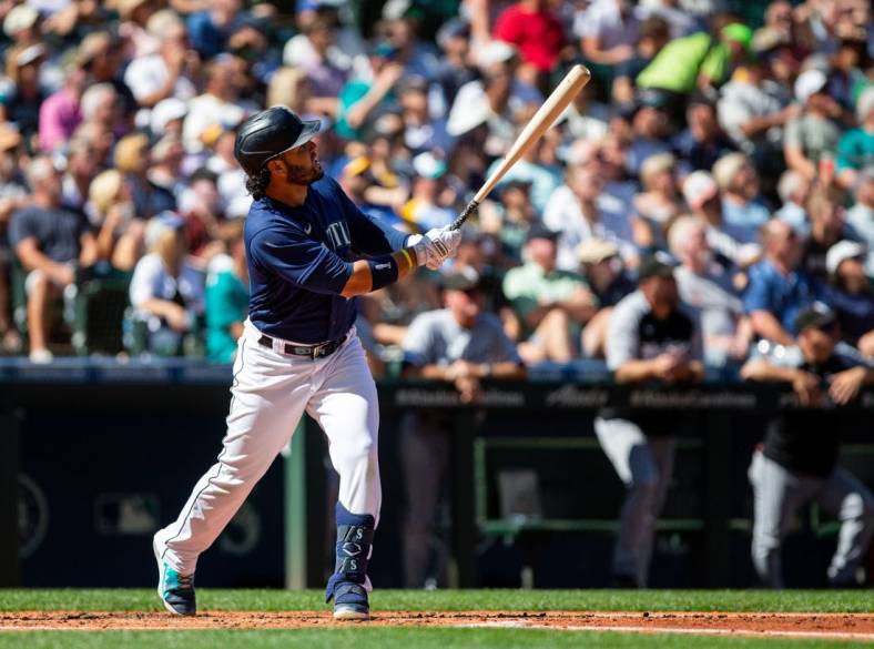Sep 7, 2022; Seattle, Washington, USA;  Seattle Mariners third baseman Eugenio Suarez (28) looks on after hitting a two-run home run for his 1000th hit against the Chicago White Sox during the third inning at T-Mobile Park. Mandatory Credit: Lindsey Wasson-USA TODAY Sports