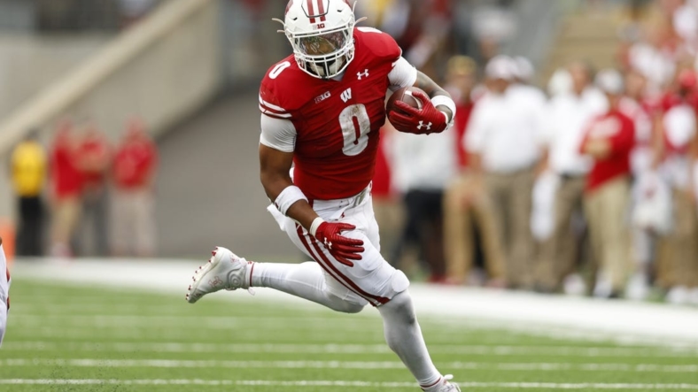 Sep 10, 2022; Madison, Wisconsin, USA;  Wisconsin Badgers running back Braelon Allen (0) during the game against the Washington State Cougars at Camp Randall Stadium. Mandatory Credit: Jeff Hanisch-USA TODAY Sports
