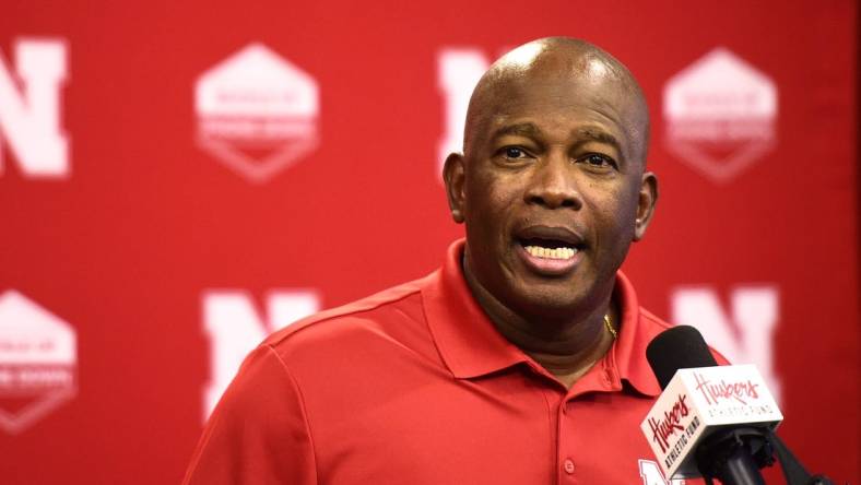 Sep 13, 2022; Lincoln, Nebraska, US; Nebraska Cornhuskers interim head coach Mickey Joseph speaks to the media during a press conference at Memorial Stadium. Mandatory Credit: Kayla Wolf-USA TODAY Sports