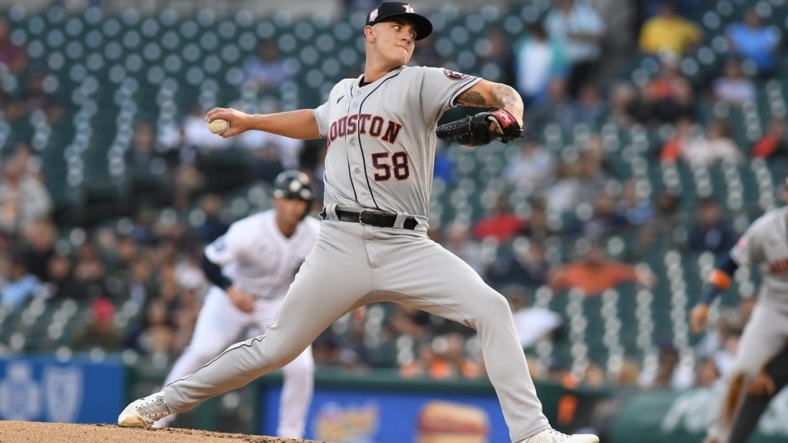 Sep 13, 2022; Detroit, Michigan, USA; Houston Astros starting pitcher Hunter Brown (58) delivers a pitch against the Detroit Tigers in the second inning at Comerica Park. Mandatory Credit: Lon Horwedel-USA TODAY Sports