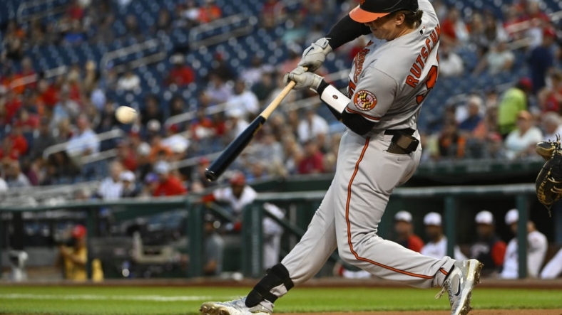 Sep 13, 2022; Washington, District of Columbia, USA; Baltimore Orioles catcher Adley Rutschman (35) hits a single against the Washington Nationals during the first inning at Nationals Park. Mandatory Credit: Brad Mills-USA TODAY Sports