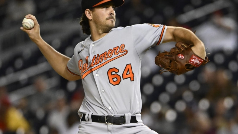 Sep 13, 2022; Washington, District of Columbia, USA; Baltimore Orioles starting pitcher Dean Kremer (64) throws to the Washington Nationals during the second inning at Nationals Park. Mandatory Credit: Brad Mills-USA TODAY Sports