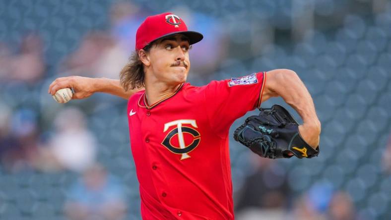 Sep 13, 2022; Minneapolis, Minnesota, USA; Minnesota Twins starting pitcher Joe Ryan (41) pitches against the Kansas City Royals in the first inning at Target Field. Mandatory Credit: Brad Rempel-USA TODAY Sports