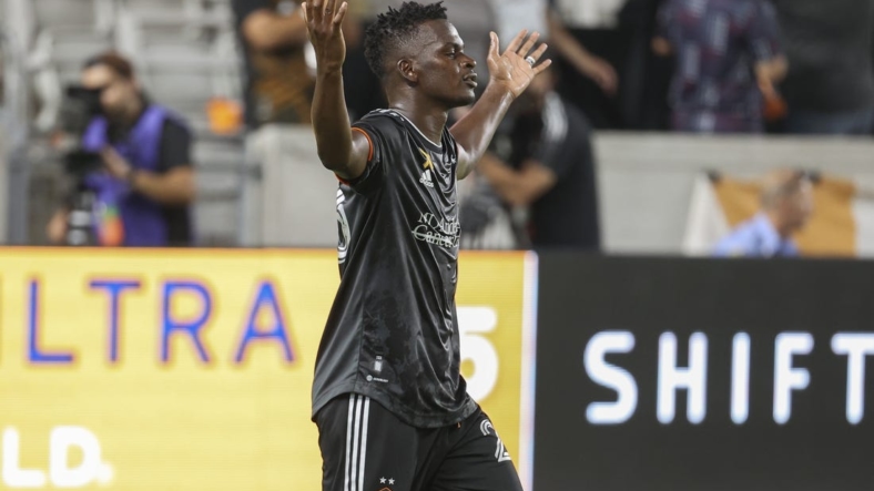 Sep 13, 2022; Houston, Texas, USA; Houston Dynamo FC forward Darwin Quintero (23) reacts after scoring a goal during the first half against the New England Revolution at PNC Stadium. Mandatory Credit: Troy Taormina-USA TODAY Sports