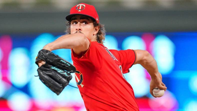 Sep 13, 2022; Minneapolis, Minnesota, USA; Minnesota Twins starting pitcher Joe Ryan (41) pitches against the Kansas City Royals in the fifth inning at Target Field. Mandatory Credit: Brad Rempel-USA TODAY Sports