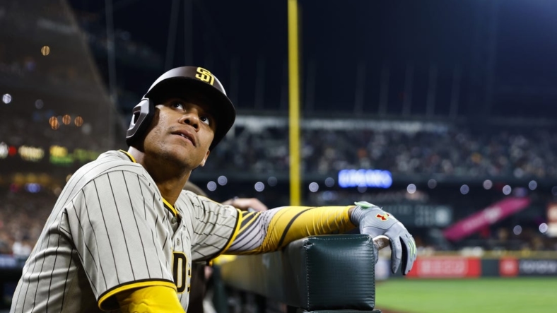 Sep 13, 2022; Seattle, Washington, USA; San Diego Padres right fielder Juan Soto (22) stands in the dugout  during the fifth inning against the Seattle Mariners at T-Mobile Park. Mandatory Credit: Joe Nicholson-USA TODAY Sports