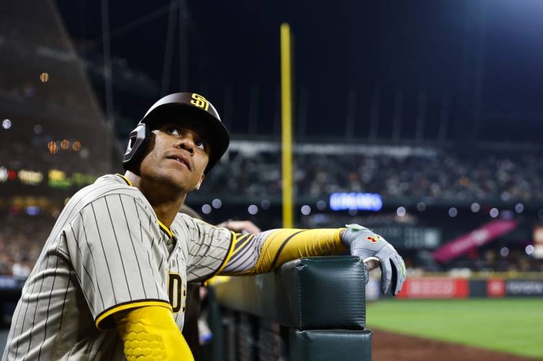 Sep 13, 2022; Seattle, Washington, USA; San Diego Padres right fielder Juan Soto (22) stands in the dugout  during the fifth inning against the Seattle Mariners at T-Mobile Park. Mandatory Credit: Joe Nicholson-USA TODAY Sports