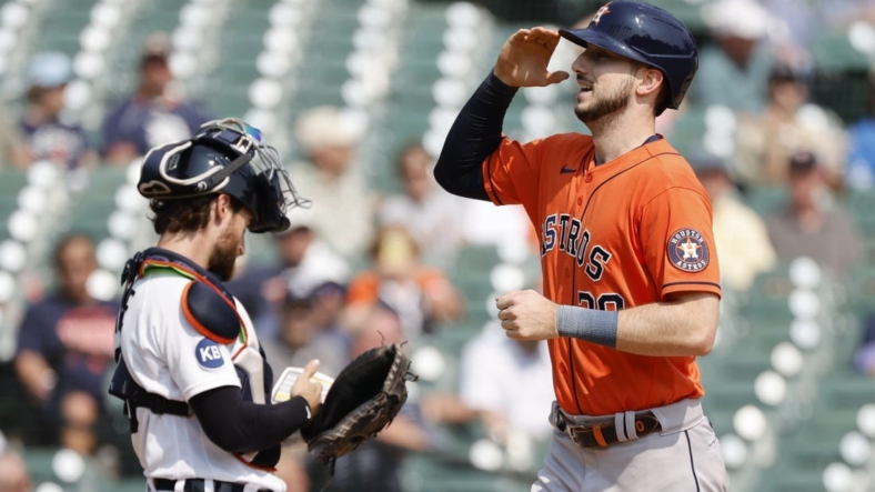 Sep 14, 2022; Detroit, Michigan, USA;  Houston Astros right fielder Kyle Tucker (30) celebrates after hitting a home run in the fourth inning against the Detroit Tigers at Comerica Park. Mandatory Credit: Rick Osentoski-USA TODAY Sports